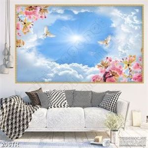 Tranh trần 3d bồ câu tung cánh bay cao trên rừng đào