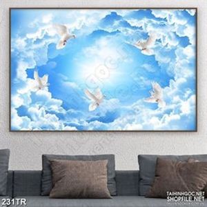 Tranh trần in uv bầu trời xanh bên đàn chim trắng
