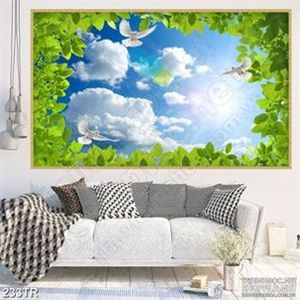 Tranh trần nhà đàn chim trắng dưới tán rừng xanh