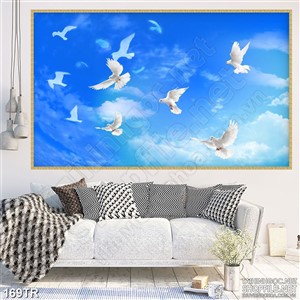 Tranh trần xuyên sáng in uv đàn bồ câu tung cánh