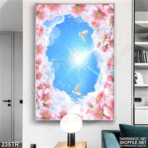 Tranh dán trần phòng ngủ vườn hoa đào nở rộ in uv