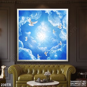 Tranh trần nhà đàn bồ câu tung cánh dưới ánh nắng vàng