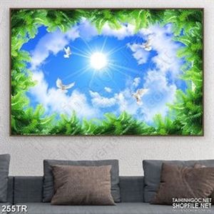 Tranh trần nhà 3d mặt trời chiếu xuyên rừng xanh