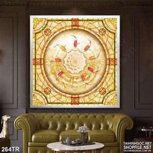 Tranh trần trang trí đàn cá koi trong vòng tròn