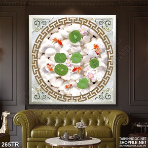 Tranh dán trần đàn cá koi trong hồ sen in uv