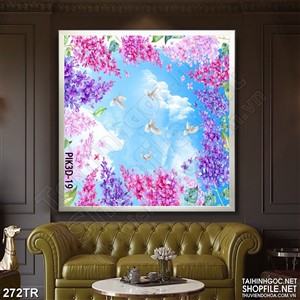Tranh dán trần phòng ngủ đàn bồ câu bên rừng hoa tím