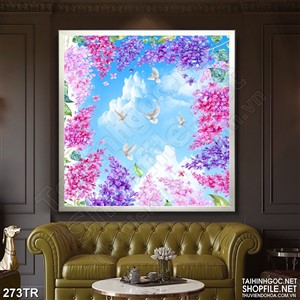 Tranh trần psd đàn bồ câu trắng bên rừng hoa tím