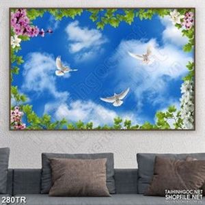Tranh trần nhà 3d đàn bồ câu bên ánh mặt trời óng ánh