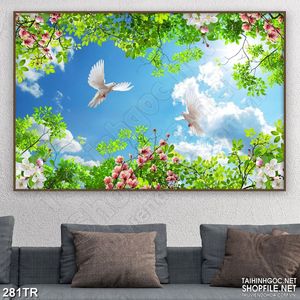Tranh trần xuyên sáng đàn bồ câu bên rừng hoa nở rộ