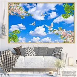 Tranh trần bầu trời xanh trên rừng hoa anh đào 3d