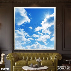 Tranh trần nhà 3d ánh nắng sau những đám mây xanh