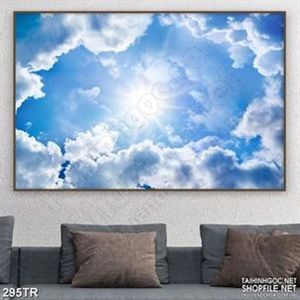 Tranh trần 3d bầu trời xanh đầy mây trắng