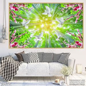 Tranh dán trần phòng ngủ đàn bồ câu dưới tán cây xanh