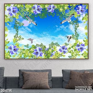 Tranh trần nhà 3d vườn hoa tím dưới ánh nắng trang trí