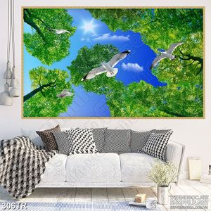 Tranh trần nhà đàn hải âu và rừng xanh psd