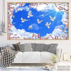 Tranh trần rừng đào bên đàn hải âu 3d