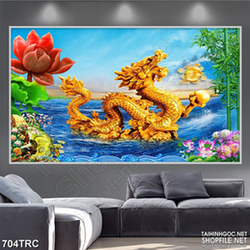 Tranh in canvas rồng vàng vượt biển đoạt ngọc