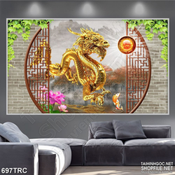 PSD tranh rồng vàng hạ thủy dán tường in kính