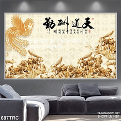 Tranh 3d phượng hoàng bên hoa sen dáp vàng