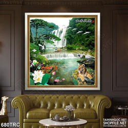 Tranh nghệ thuật hổ thần bên hoa sen treo tường