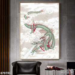 Tranh rồng xanh cưỡi mây phun mưa in canvas