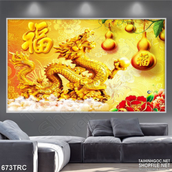 Tranh psd rồng vàng vượt biển thăng thiên in kính