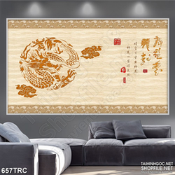 Tranh 3d rồng cuộn bên câu đối in gạch men