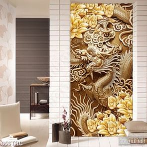 PSD tranh rồng chạm đồng bên hoa giả ngọc trang trí