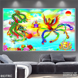 Tranh psd rồng phượng phun lửa treo tường