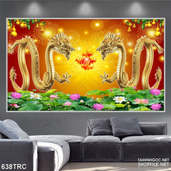 Tranh in uv rồng vàng bay lượn trên hồ sen