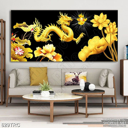 Tranh rồng thần bên hoa sen dáp vàng in canvas