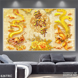 PSD tranh long phụng bên mẫu đơn trang trí