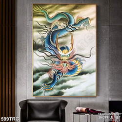 Tranh rồng xanh hạ sơn in canvas in gạch men