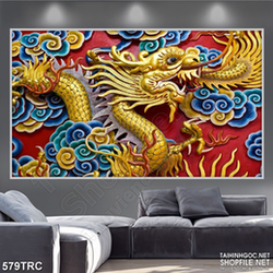 Tranh in canvas rồng vàng cưỡi mây dán tường