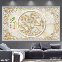 Tranh in uv ngọc khắc phượng hoàng bên hoa