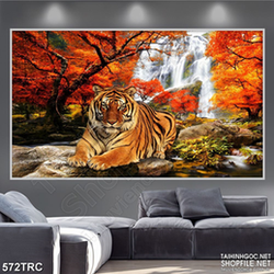 Tranh hổ in uv chú tể rừng xanh bên thác nước