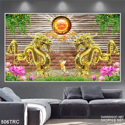 PSD tranh song long bên đàn cá koi trang trí