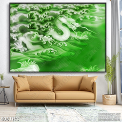 Tranh trang trí rồng xanh vượt sóng biển in kính