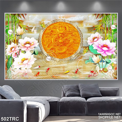 Tranh ngọc rồng bên đàn cá koi in uv