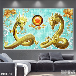 Tranh lưỡng long tranh ngọc in canvas