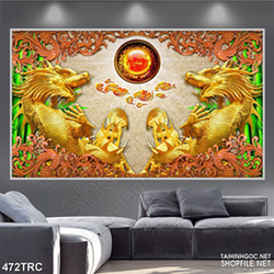 Tranh rồng in uv song long chầu ngọc treo tường
