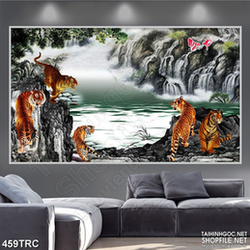 Tranh ngũ hổ bên thác nước hung dữ in canvas