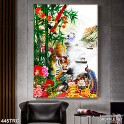 Tranh trang trí hổ gầm bên rừng mẫu đơn in kính