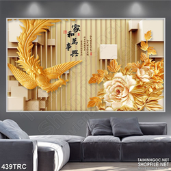 Tranh phượng hoàng và hoa mẫu đơn in canvas