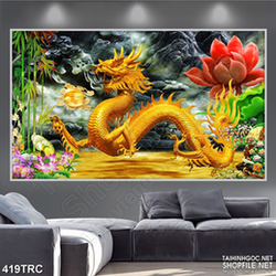 Tranh rồng vàng hạ trần giả ngọc in canvas