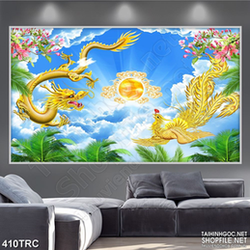 Tranh nghệ thuật rồng phượng chầu nhật in kính