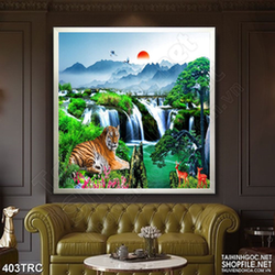 Tranh psd hổ uy bên thác nước in gạch men