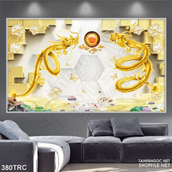 Tranh nghệ thuật song long chầu ngọc in kính