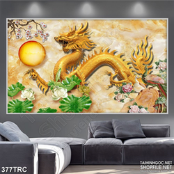 Tranh 3d rồng vàng chầu nhật  in gạch men