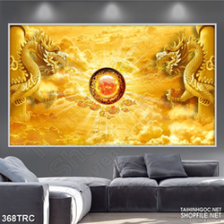 Tranh in uv rồng lưỡng long tranh châu dán tường